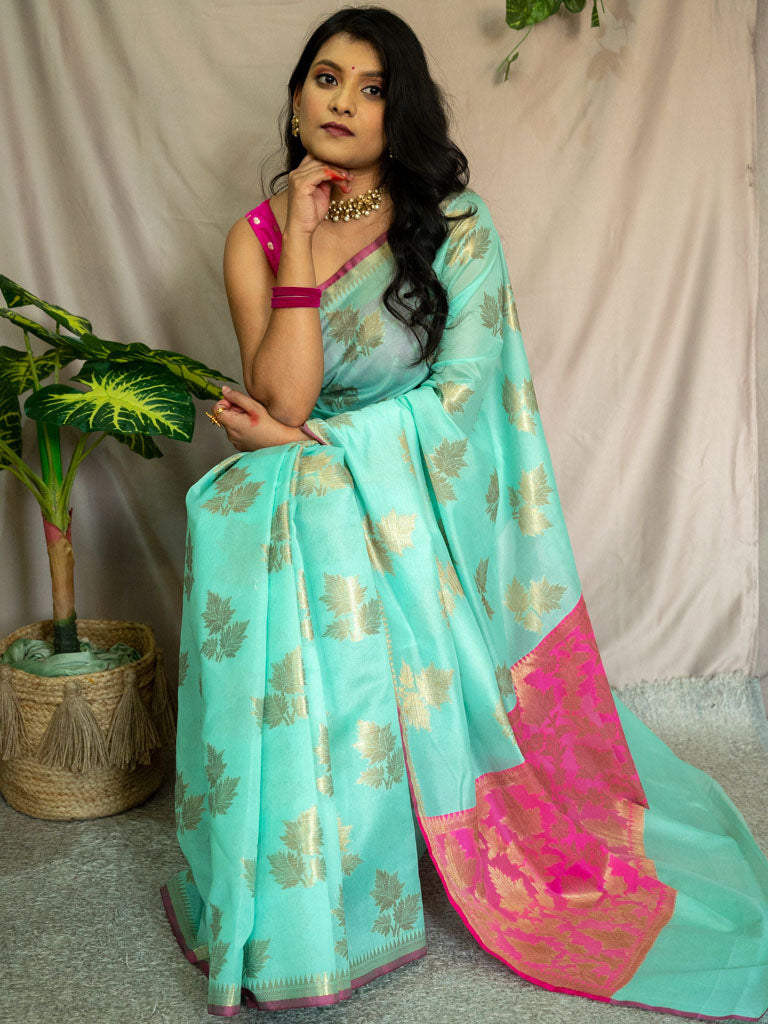 Banarasi Cotton Silk Mix Saree with Leaf Buti & Narrow Border-Sea Green