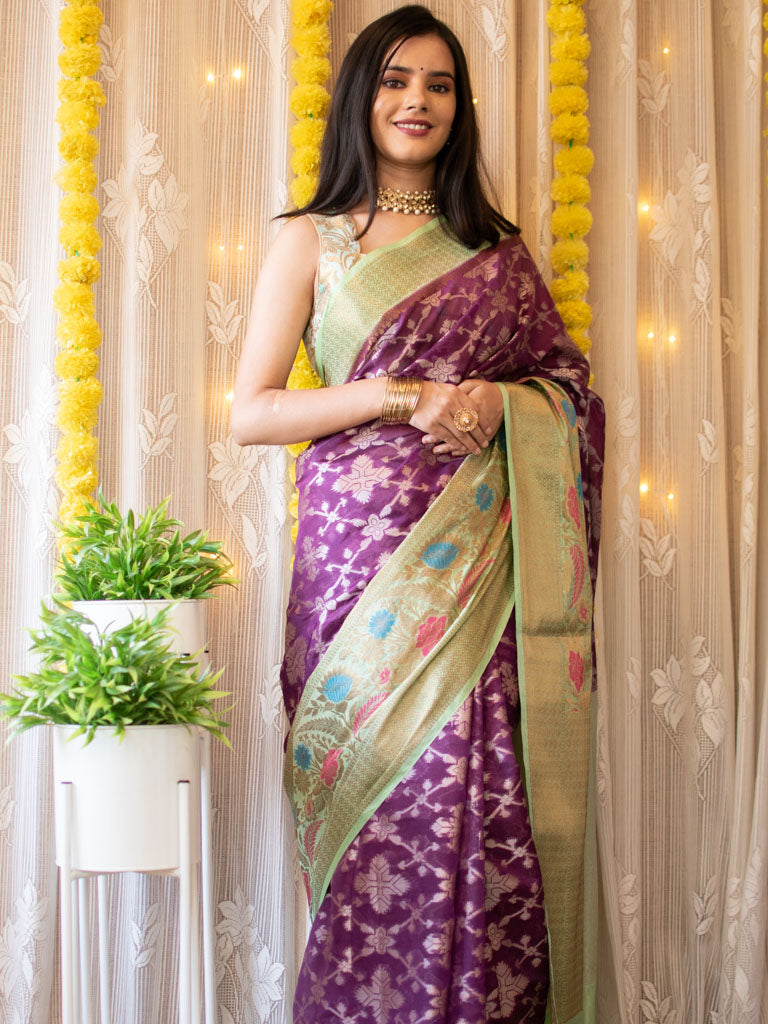Banarasi Kora Saree With Jaal Weaving & Contrast Border-Purple