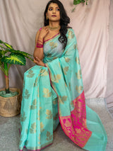 Banarasi Cotton Silk Mix Saree with Leaf Buti & Narrow Border-Sea Green