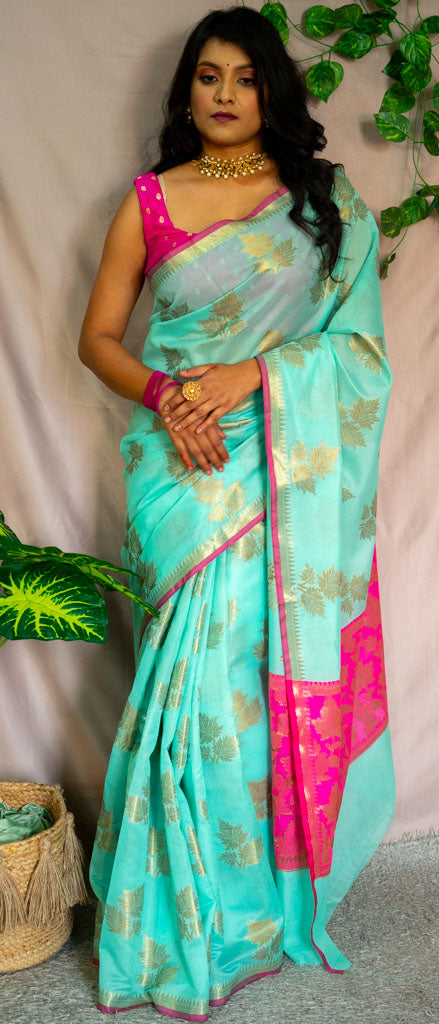 Banarasi Cotton Silk Mix Saree with Leaf Buti & Narrow Border-Sea Green