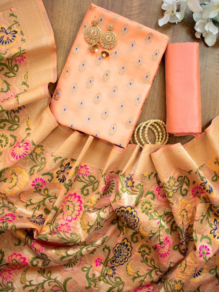 Banarasi Meenakari Salwar Kameez Material With Jaal Dupatta-Peach