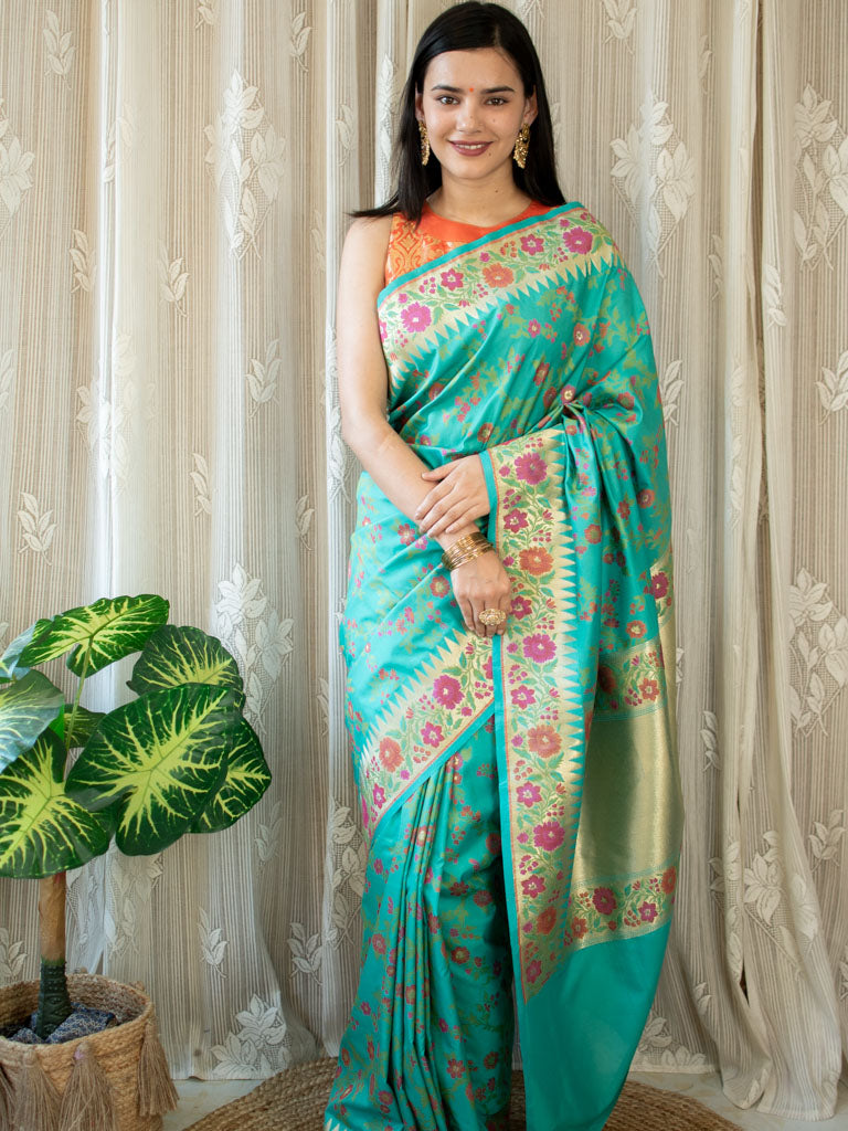 Banarasi Handloom Art Katan Silk Saree With Meena Jaal Weaving-Sea Green