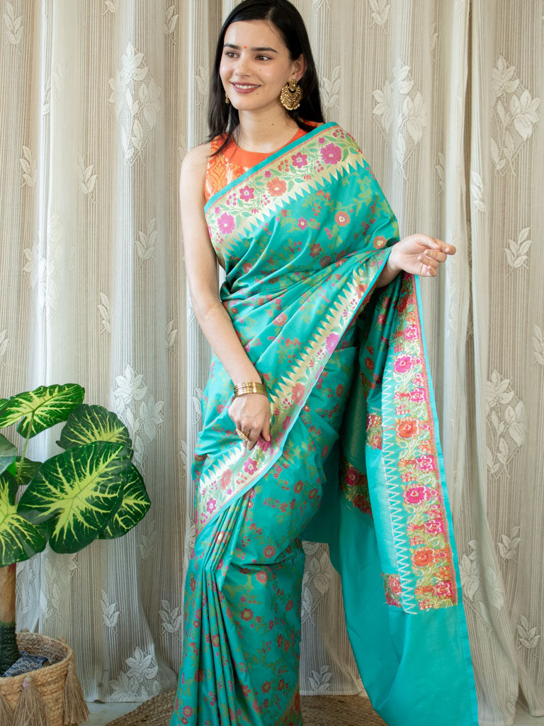 Banarasi Handloom Art Katan Silk Saree With Meena Jaal Weaving-Sea Green