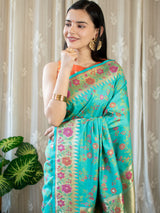 Banarasi Handloom Art Katan Silk Saree With Meena Jaal Weaving-Sea Green