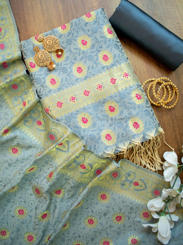 Banarasi Semi Silk Tanchoi Zari Weaving Salwar Kameez Material With Meenakari Dupatta-Grey