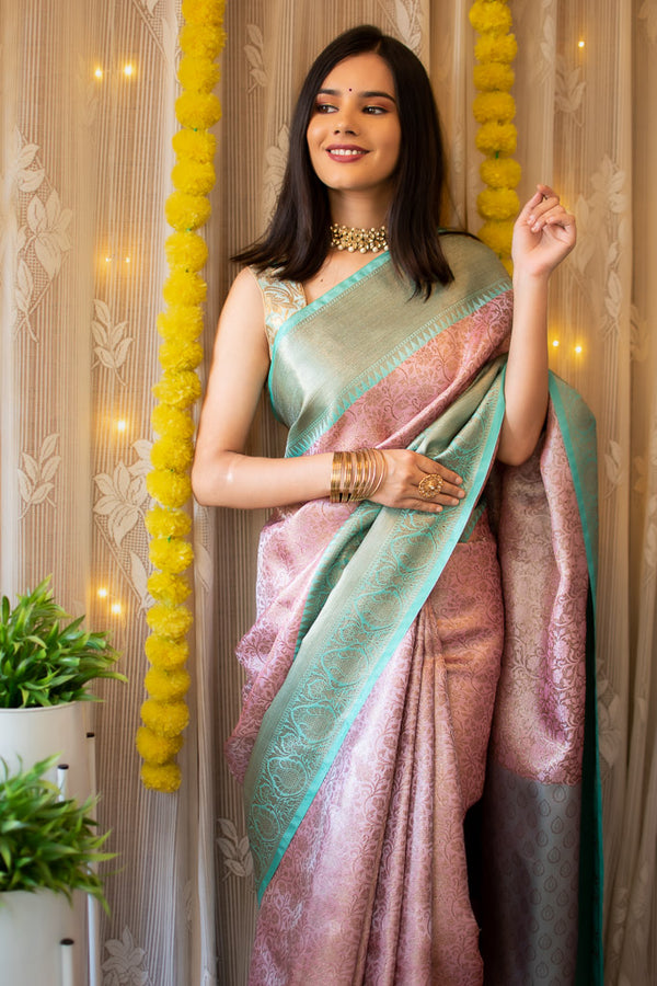Banarasi Semi Silk Saree With Tanchoi Weaving & Contrast Border-Pastel Pink