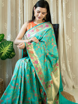 Banarasi Handloom Art Katan Silk Saree With Meena Jaal Weaving-Sea Green