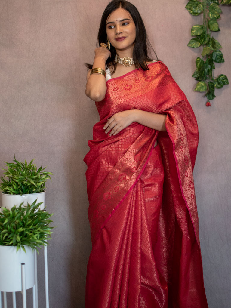 Banarasi Semi Silk Saree With Tanchoi Weaving-Red