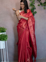 Banarasi Semi Silk Saree With Tanchoi Weaving-Red