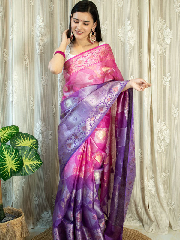 Banarasi Soft Tissue Saree With Half & Half Zari Weaving-Pink & Purple