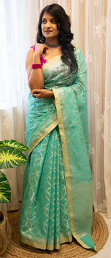 Banarasi Handloom Soft Cotton Saree Silver Zari Weaving-Blue