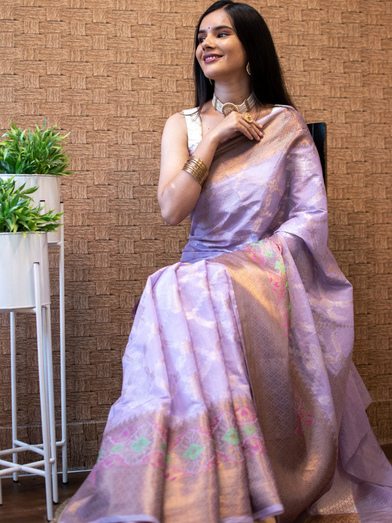 Banarasi Kora Saree With Meenakari Border-Lavender