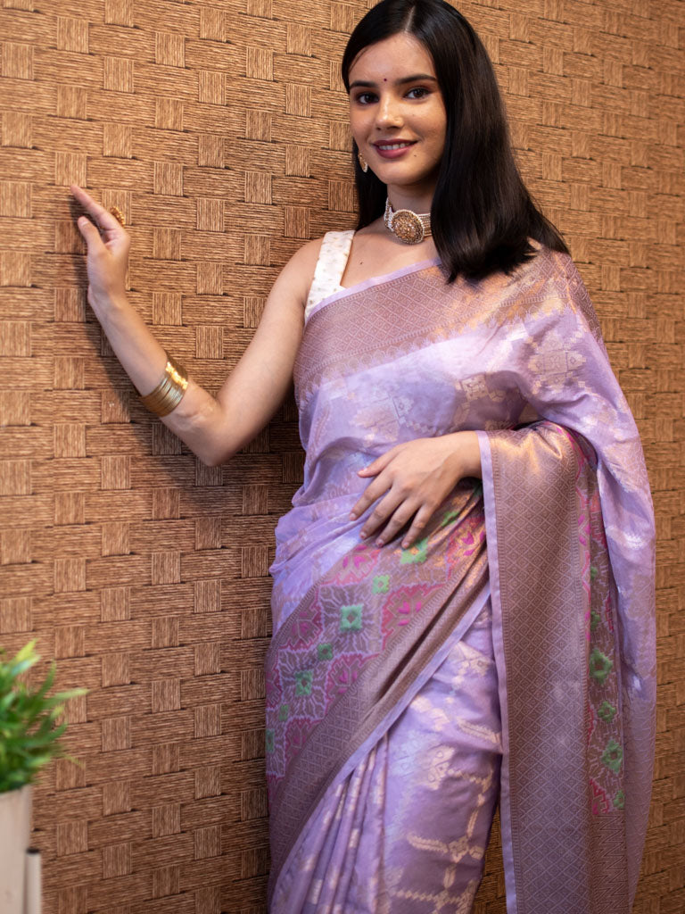 Banarasi Kora Saree With Meenakari Border-Lavender