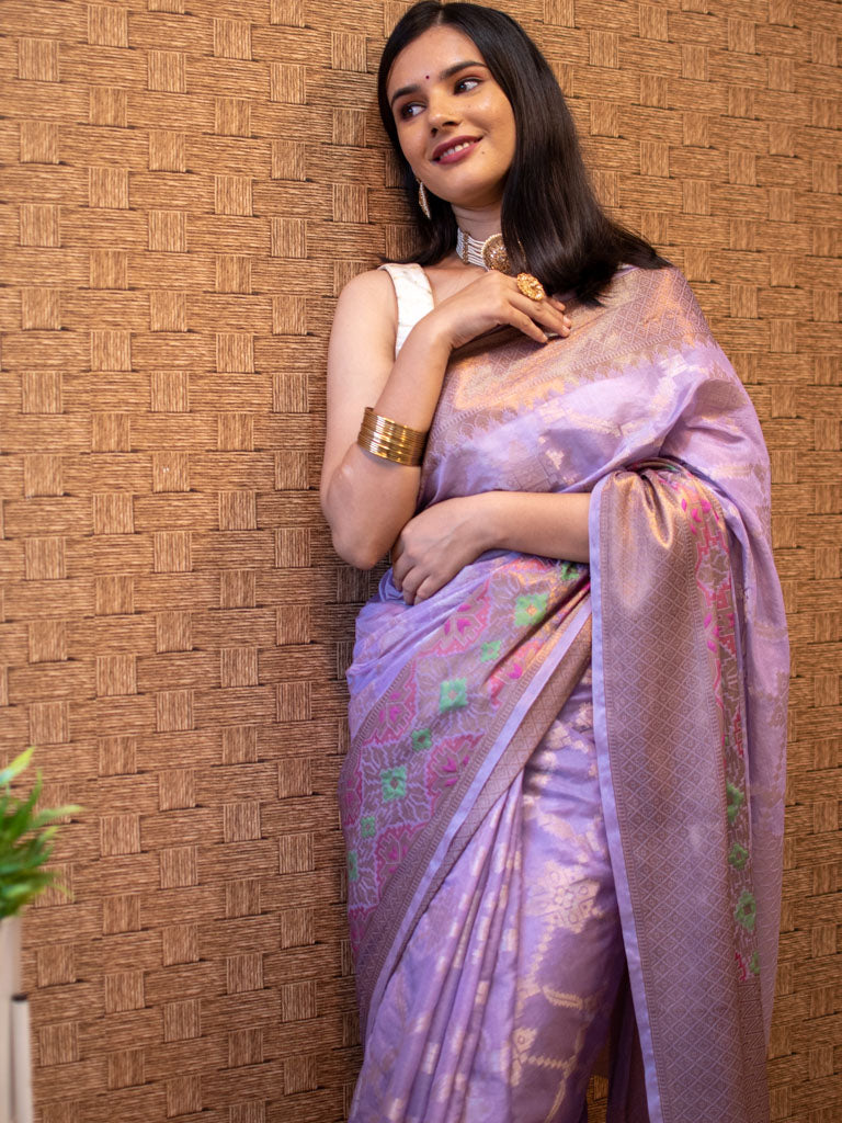 Banarasi Kora Saree With Meenakari Border-Lavender