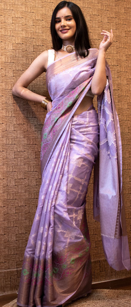 Banarasi Kora Saree With Meenakari Border-Lavender