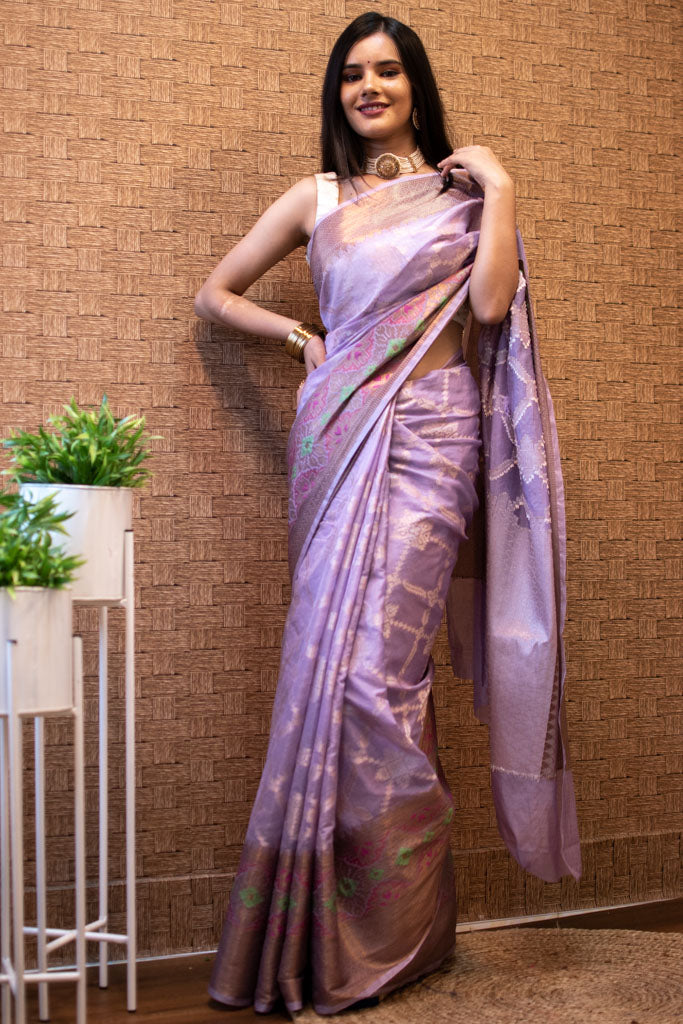 Banarasi Kora Saree With Meenakari Border-Lavender