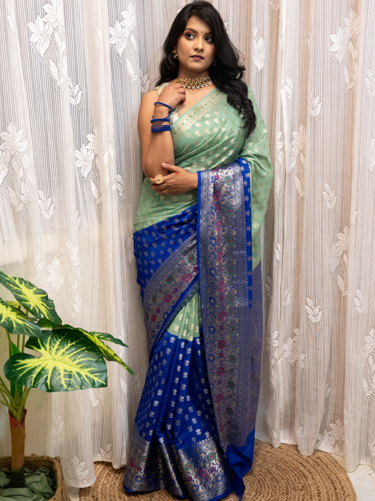 Banarasi Shaded Kora Saree With Zari Weaving Meena Border-Blue