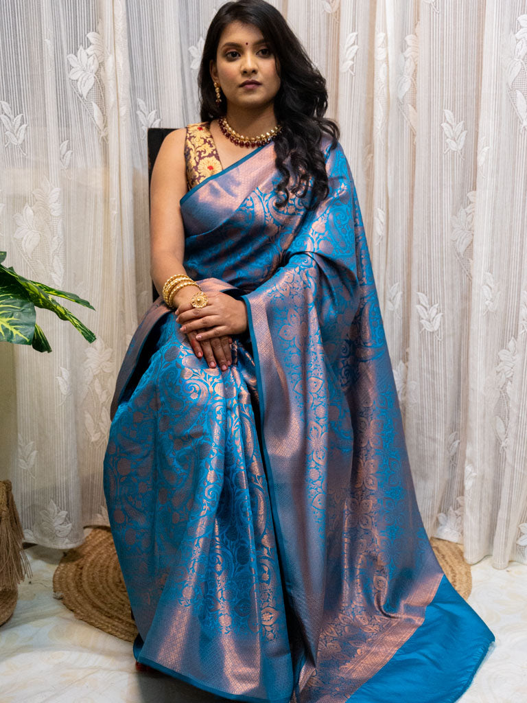 Banarasi Semi Silk Saree With Tanchoi Weaving-Blue