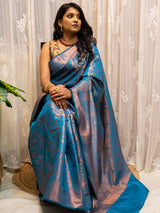 Banarasi Semi Silk Saree With Tanchoi Weaving-Blue