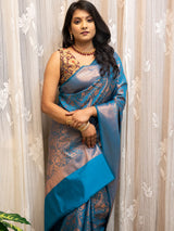 Banarasi Semi Silk Saree With Tanchoi Weaving-Blue