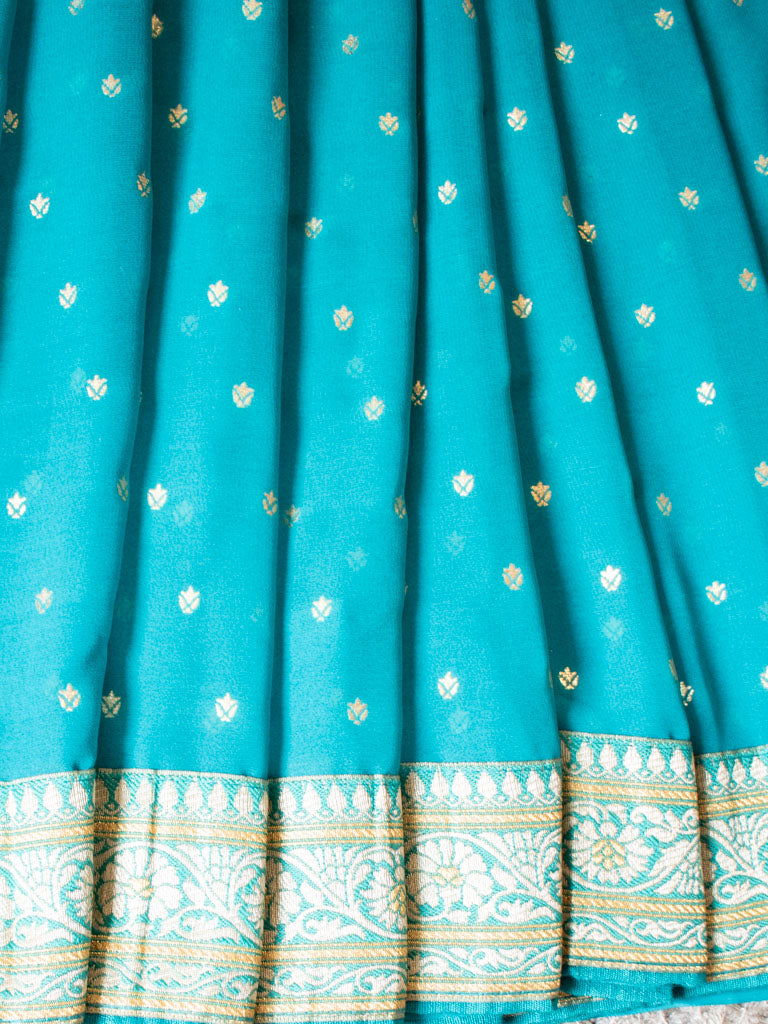 Dual Shade Semi Chiffon Gold Printed Saree With Zari Border-Sea Green