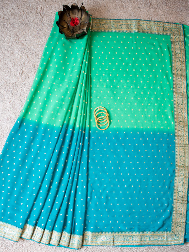 Dual Shade Semi Chiffon Gold Printed Saree With Zari Border-Sea Green