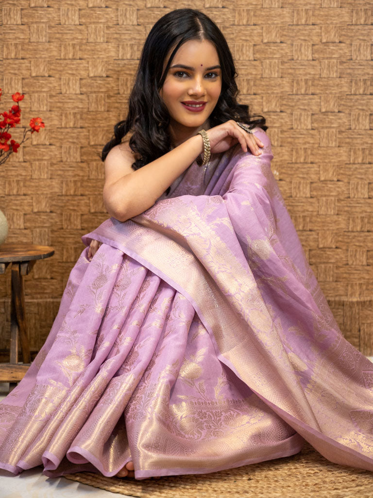 Banarasi Semi Silk Saree With Zari Weaving-Lavender