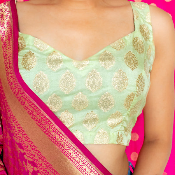 Banarasi Stitched Sleeveless Blouse-Pastel Green