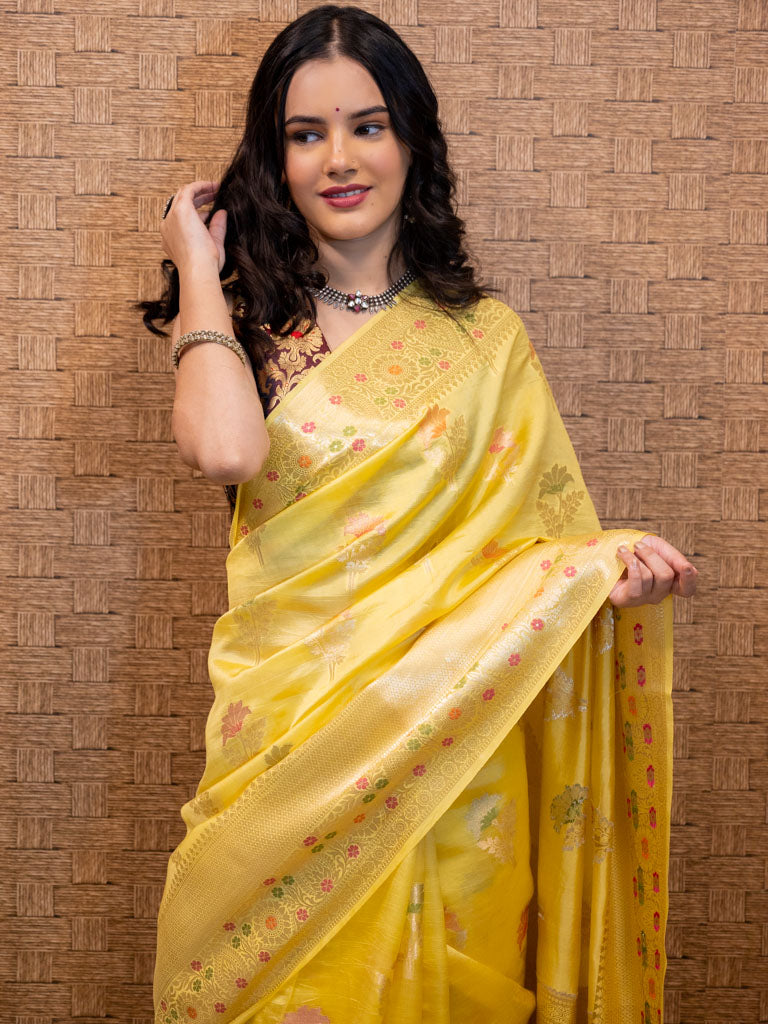 Banarasi Handwoven Pure Dupion Silk Saree With Meena & Zari Floral Weaving-Yellow