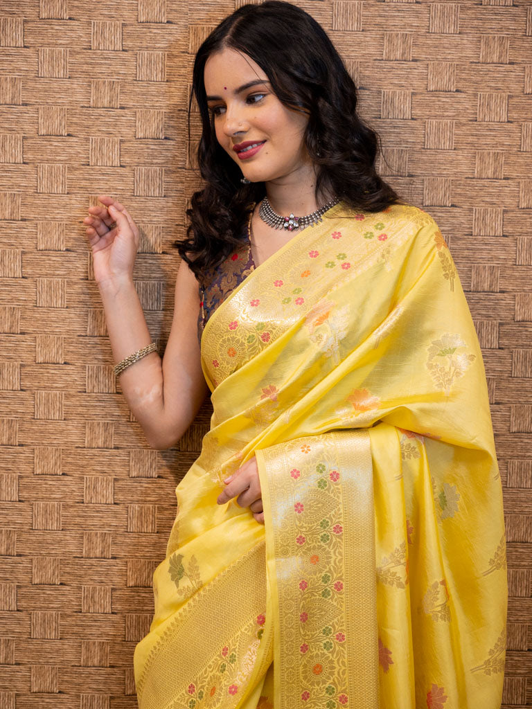 Banarasi Handwoven Pure Dupion Silk Saree With Meena & Zari Floral Weaving-Yellow