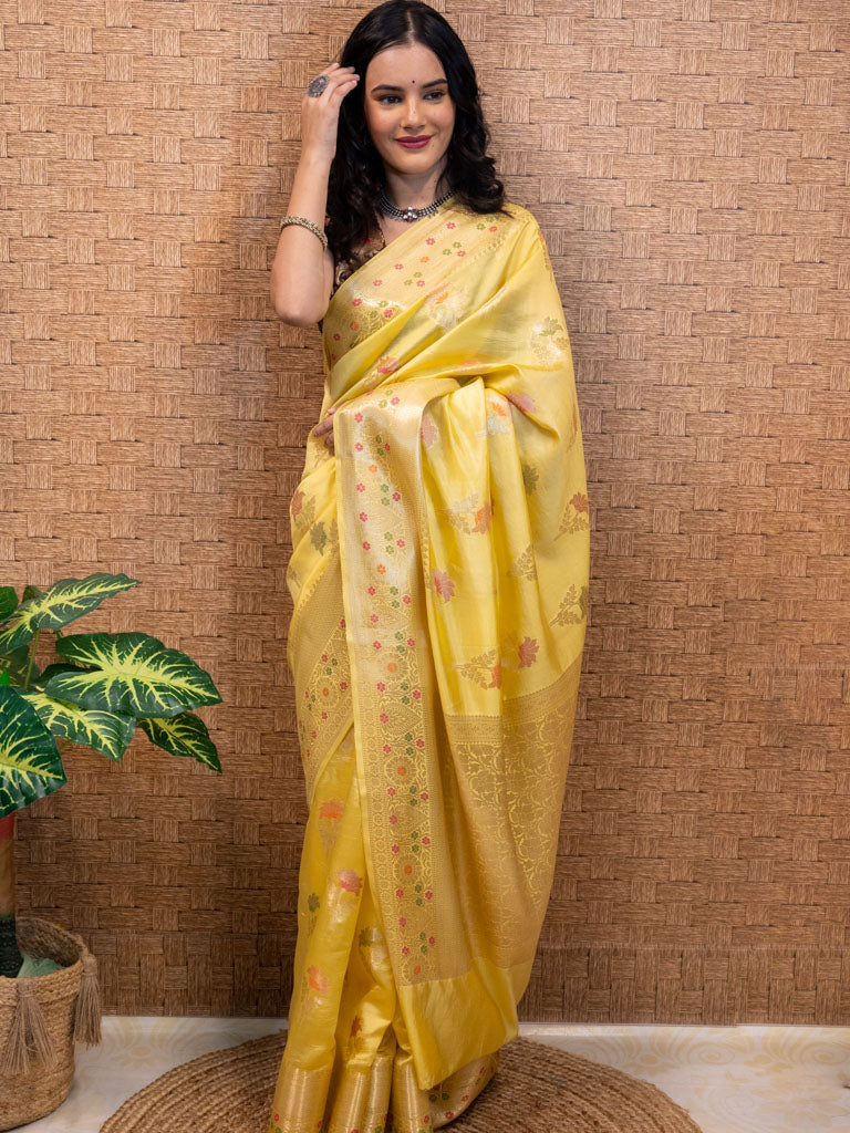 Banarasi Handwoven Pure Dupion Silk Saree With Meena & Zari Floral Weaving-Yellow