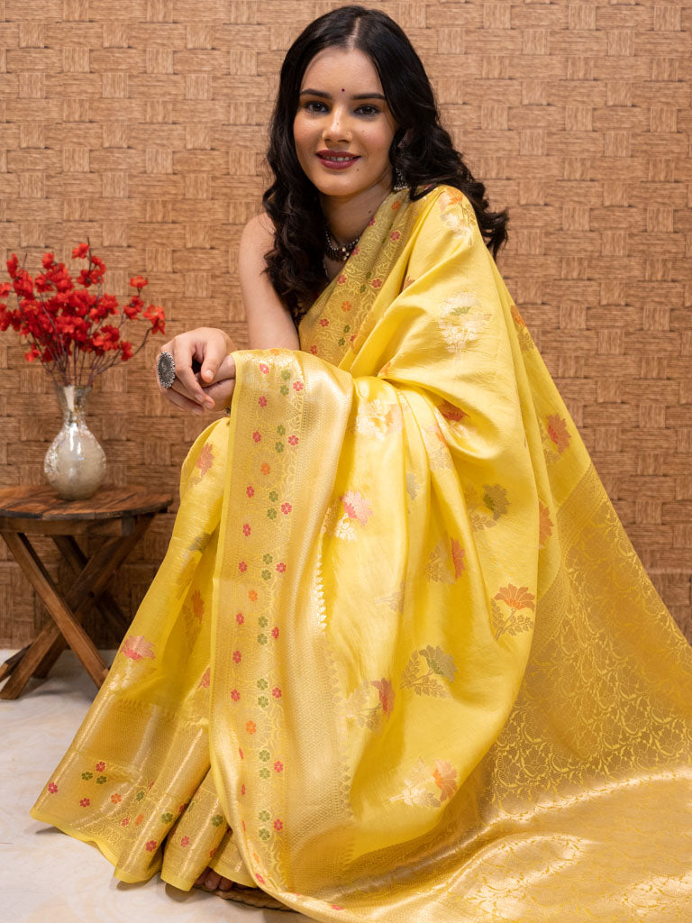 Banarasi Handwoven Pure Dupion Silk Saree With Meena & Zari Floral Weaving-Yellow