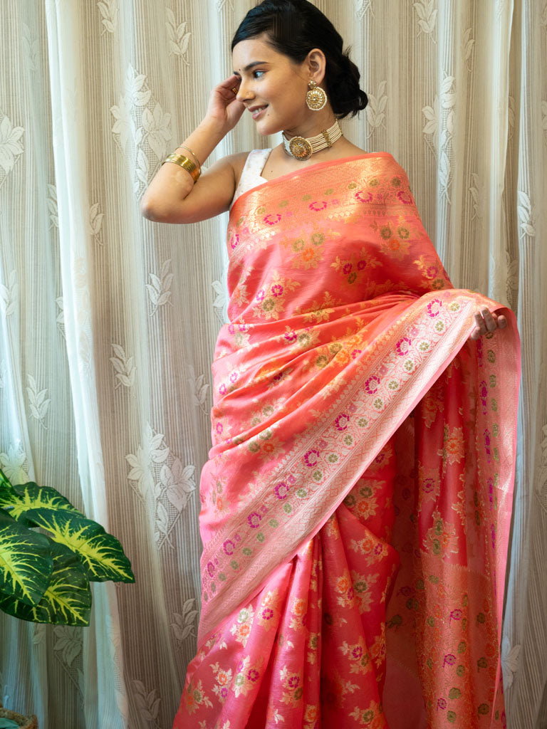 Banarasi Handwoven Pure Dupion Silk Saree With Meena & Zari Floral Weaving-Peach