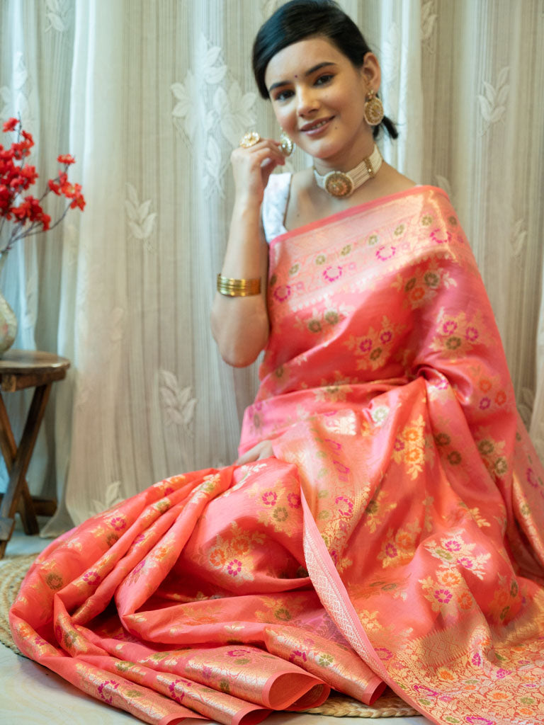 Banarasi Handwoven Pure Dupion Silk Saree With Meena & Zari Floral Weaving-Peach