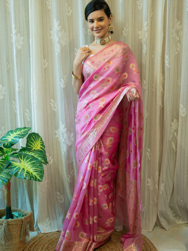 Banarasi Handwoven Pure Dupion Silk Saree With Meena & Zari Floral Weaving-Pink