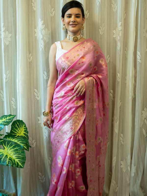 Banarasi Handwoven Pure Dupion Silk Saree With Meena & Zari Floral Weaving-Pink