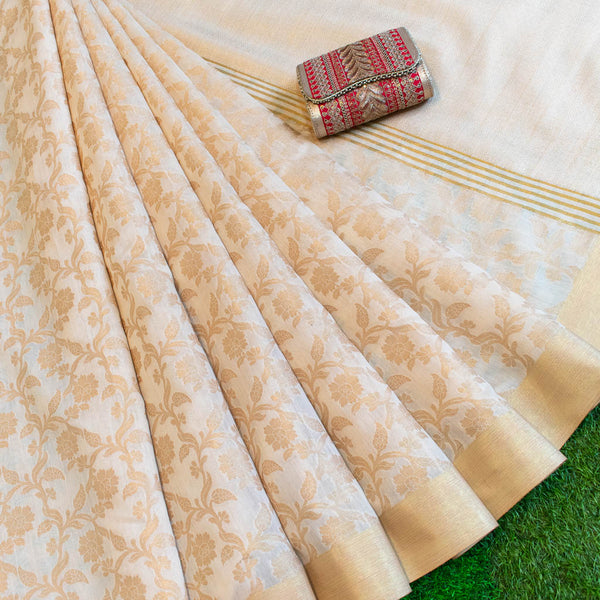 Banarasi Chanderi Cotton Zari Jaal Weaving Saree -Ivory white