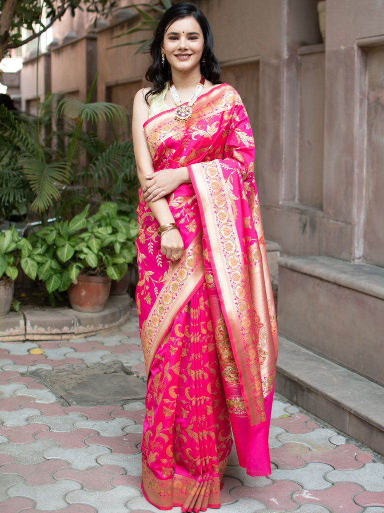 Banarasi Art Katan Silk Saree With Jaal Weaving-Pink