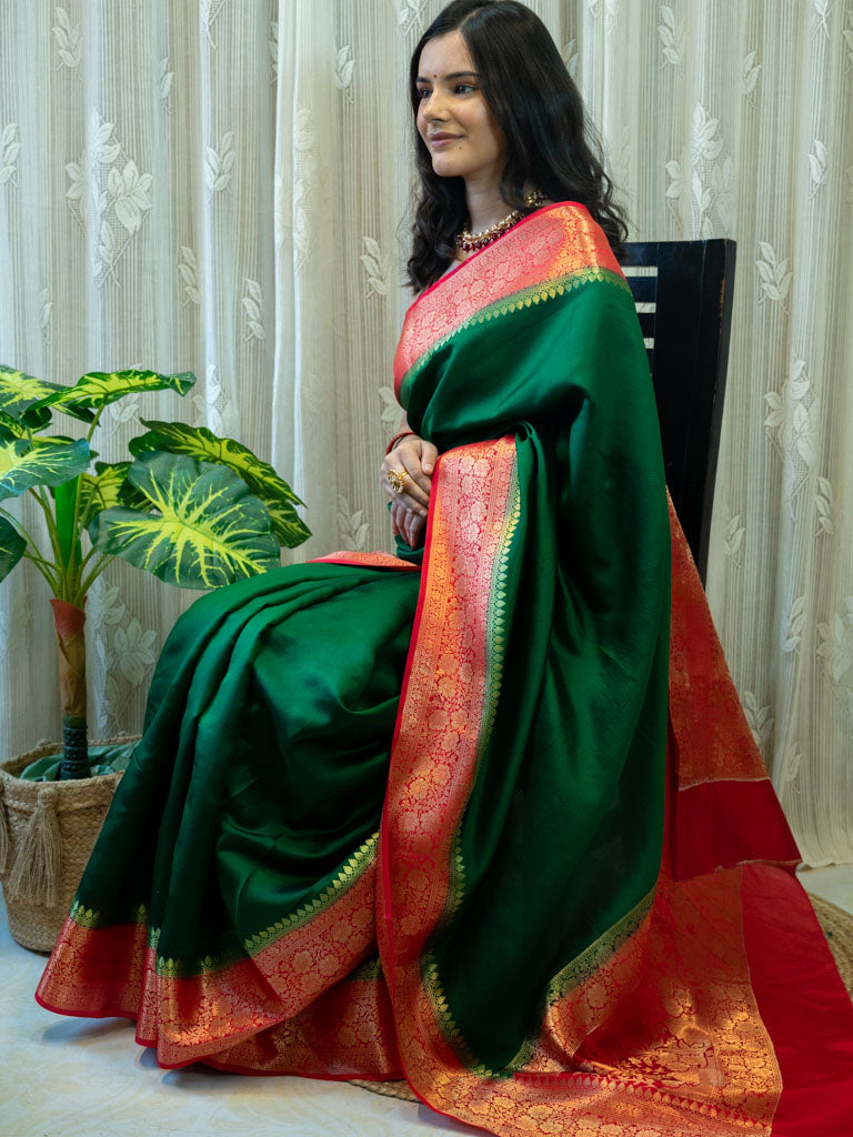 Banarasi Handwoven Plain Pure Dupion Silk Saree-Green