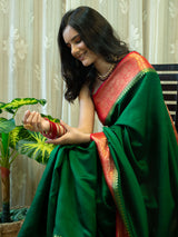 Banarasi Handwoven Plain Pure Dupion Silk Saree-Green