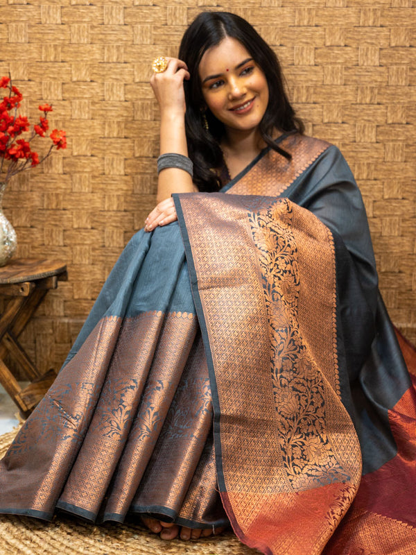 Banarasi Cotton Silk Saree Plain Body With Antique Zari Skirt Border-Grey