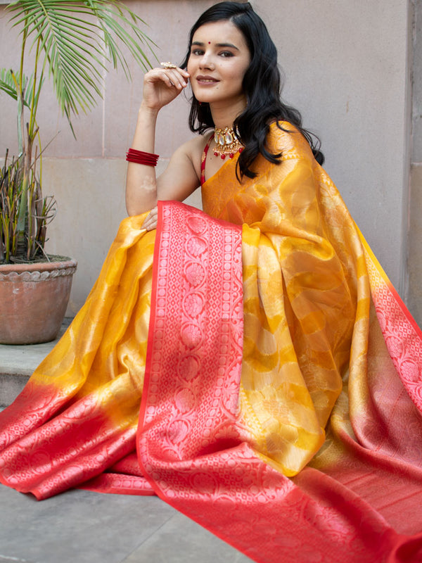 Banarasi Soft Tissue Saree With Zari Weaving & Contrast Border-Yellow