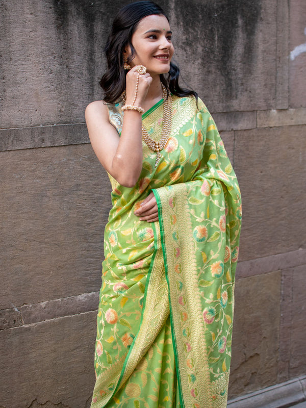 Banarasi Pure Georgette Saree With Handpaint & Resham Buta Weaving-Green