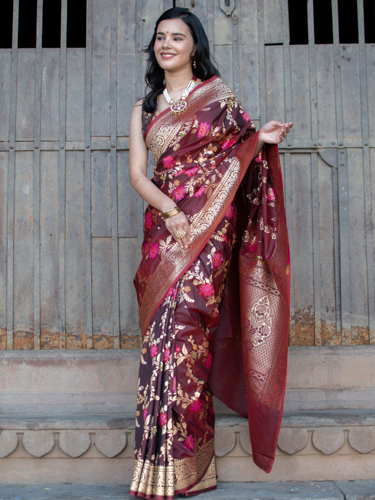 Banarasi Art Katan Silk Saree With Jaal Weaving-Brown