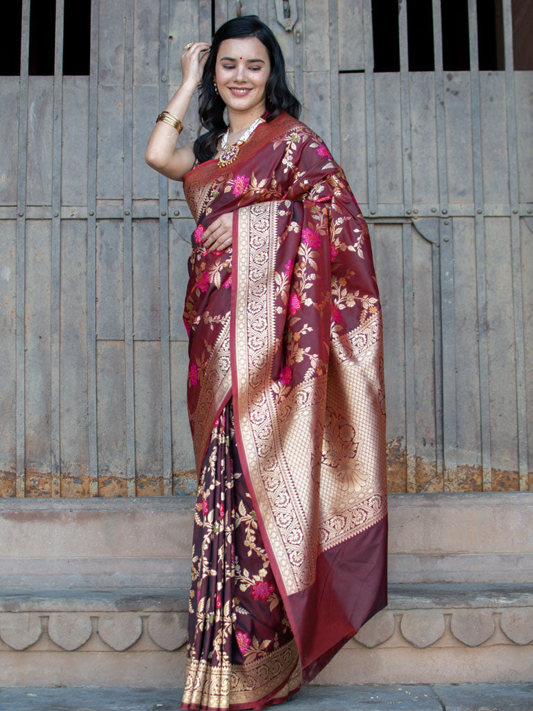 Banarasi Art Katan Silk Saree With Jaal Weaving-Brown