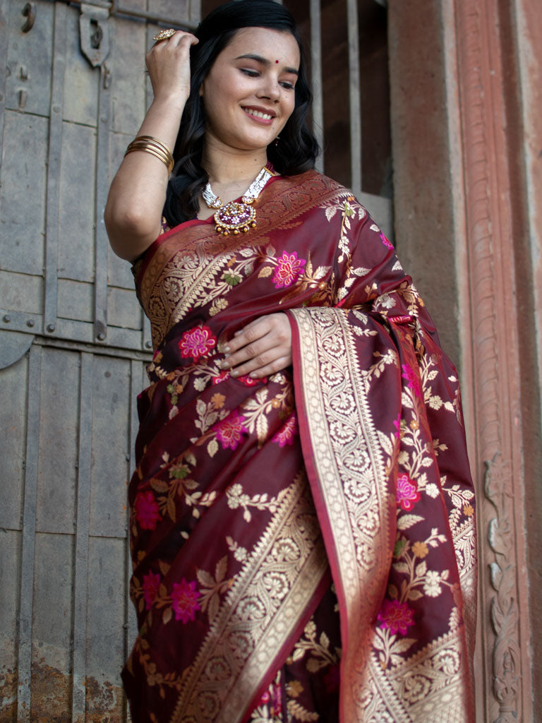 Banarasi Art Katan Silk Saree With Jaal Weaving-Brown