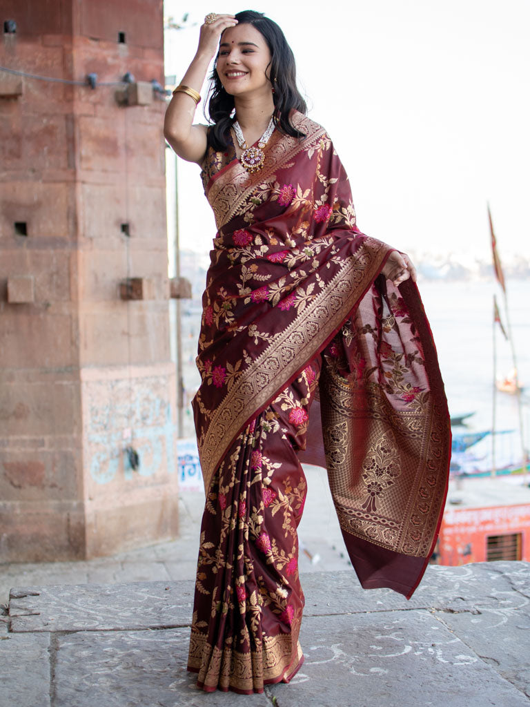 Banarasi Art Katan Silk Saree With Jaal Weaving-Brown