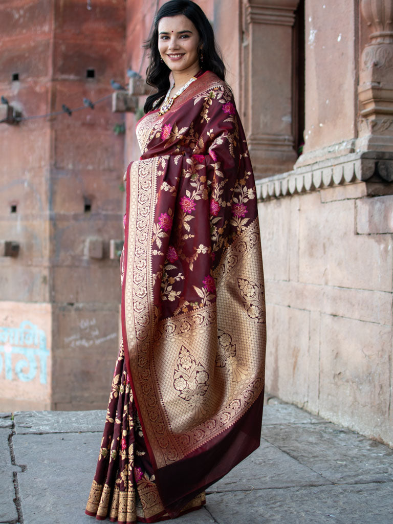 Banarasi Art Katan Silk Saree With Jaal Weaving-Brown