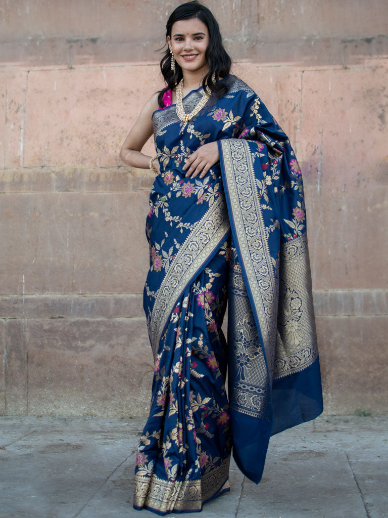 Banarasi Art Katan Silk Saree With Jaal Weaving-Blue