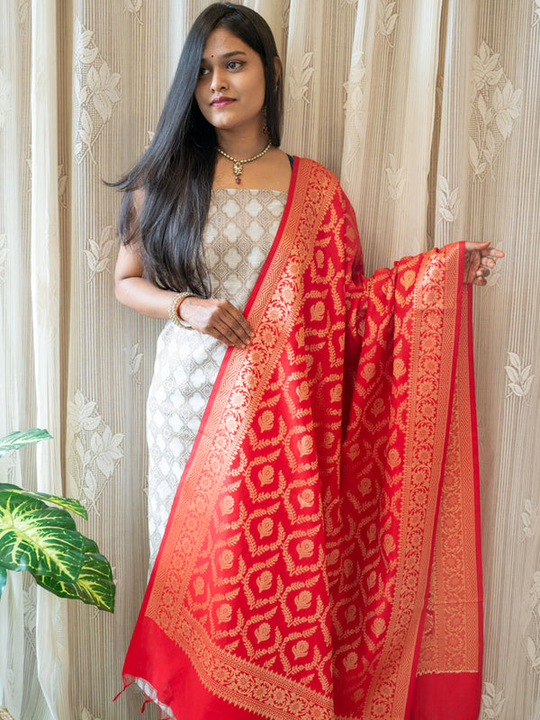 Banarasi Cotton  Silk Zari Weaving Salwar Kameez Material With Jaal Dupatta-Beige & Red